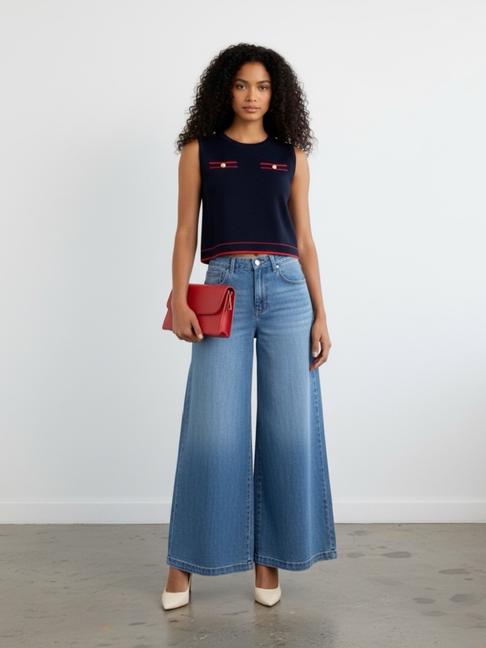 1270 • Navy Red Trimmed Rayon Blend Sleeveless Dash Pocket Gold Button Knit Top